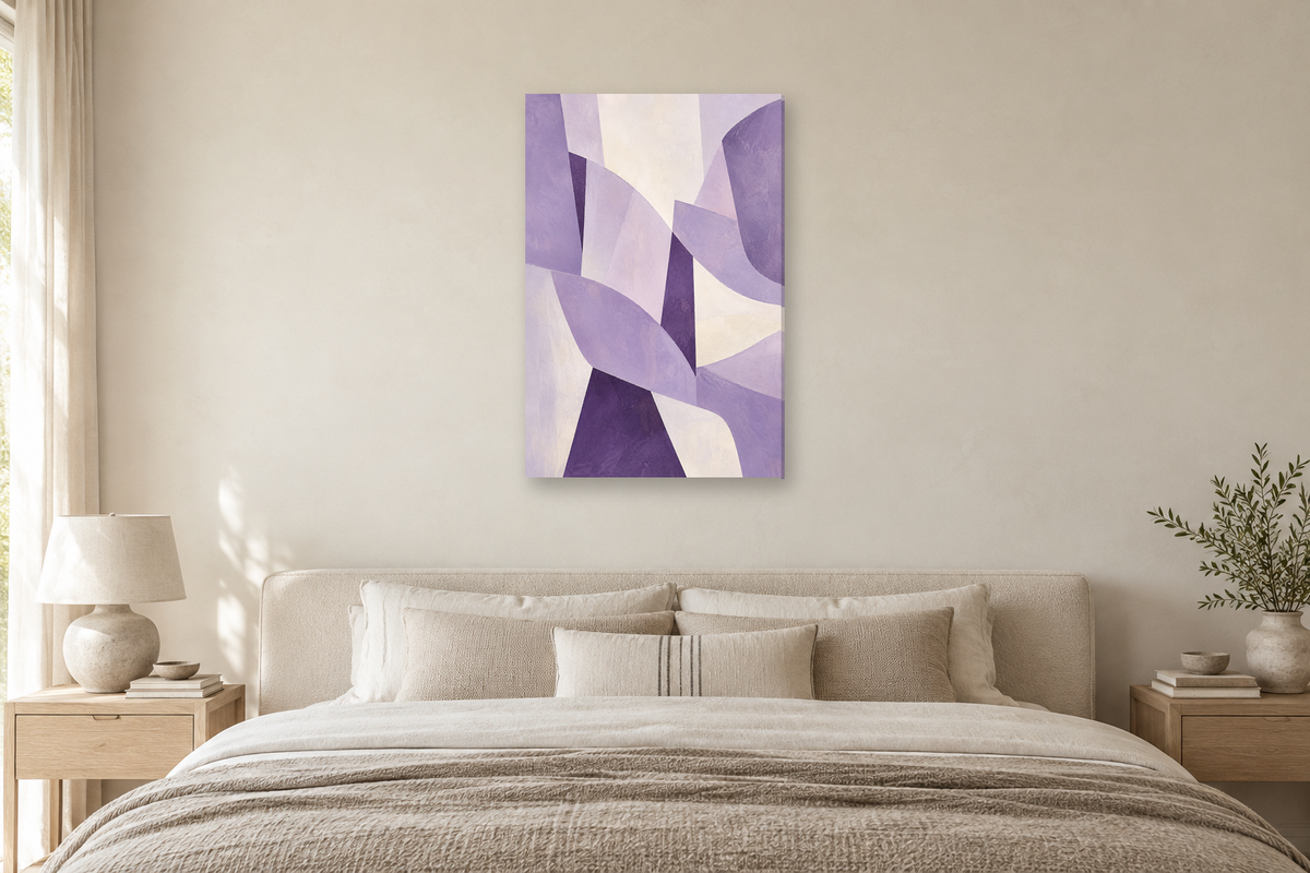 Lilac Assembly in a bedroom — interior mockup with the complete original artwork