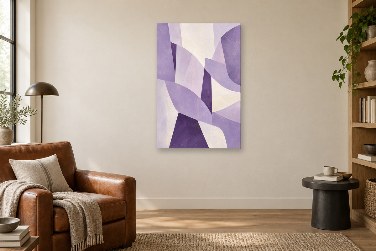 Lilac Assembly in a reading corner — interior mockup with the complete original artwork