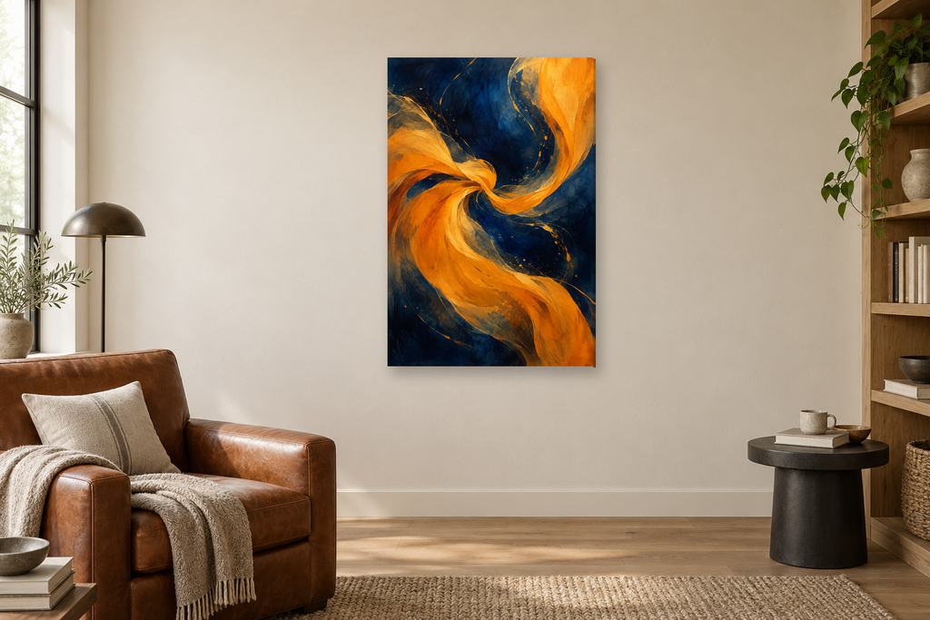 Saffron Dance in a reading corner — interior mockup with the complete original artwork