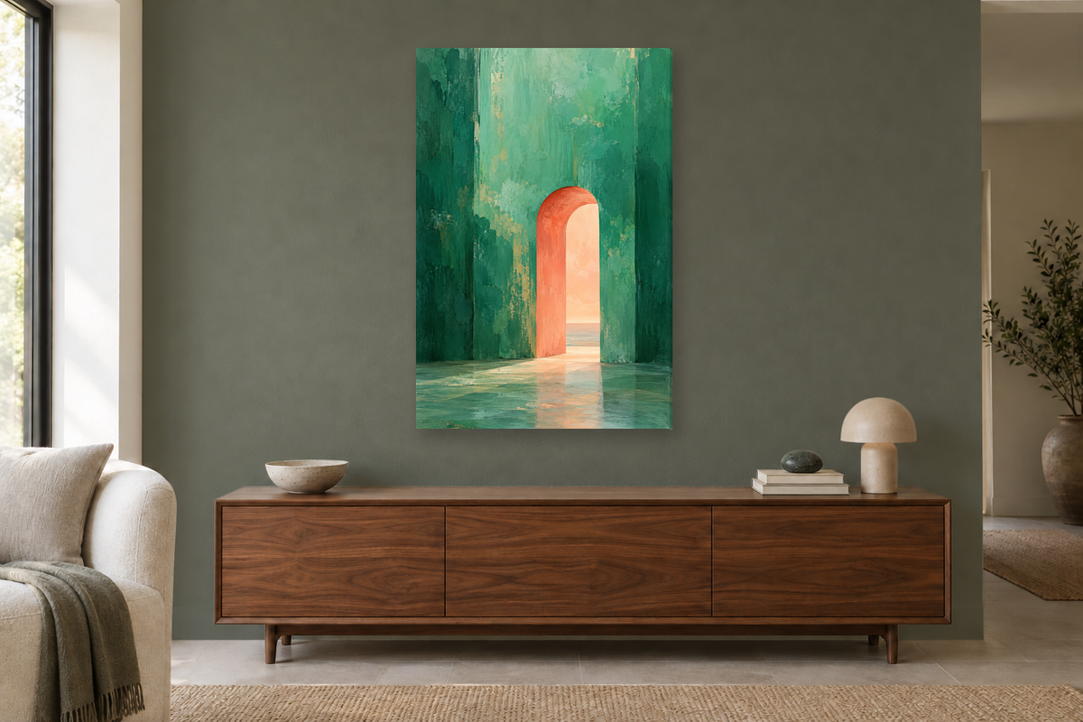 Jade Passage in a living room — interior mockup with the complete original artwork