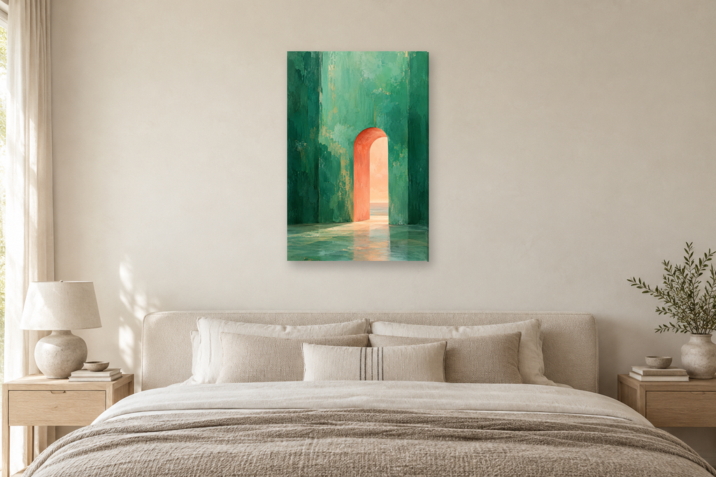 Jade Passage in a bedroom — interior mockup with the complete original artwork