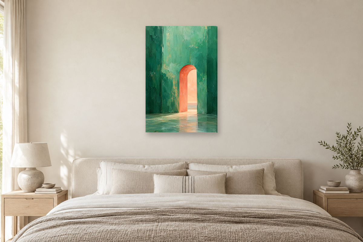 Jade Passage in a bedroom — interior mockup with the complete original artwork