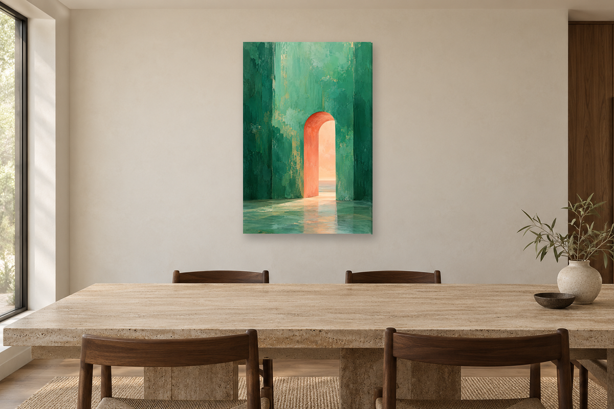 Jade Passage in a dining room — interior mockup with the complete original artwork