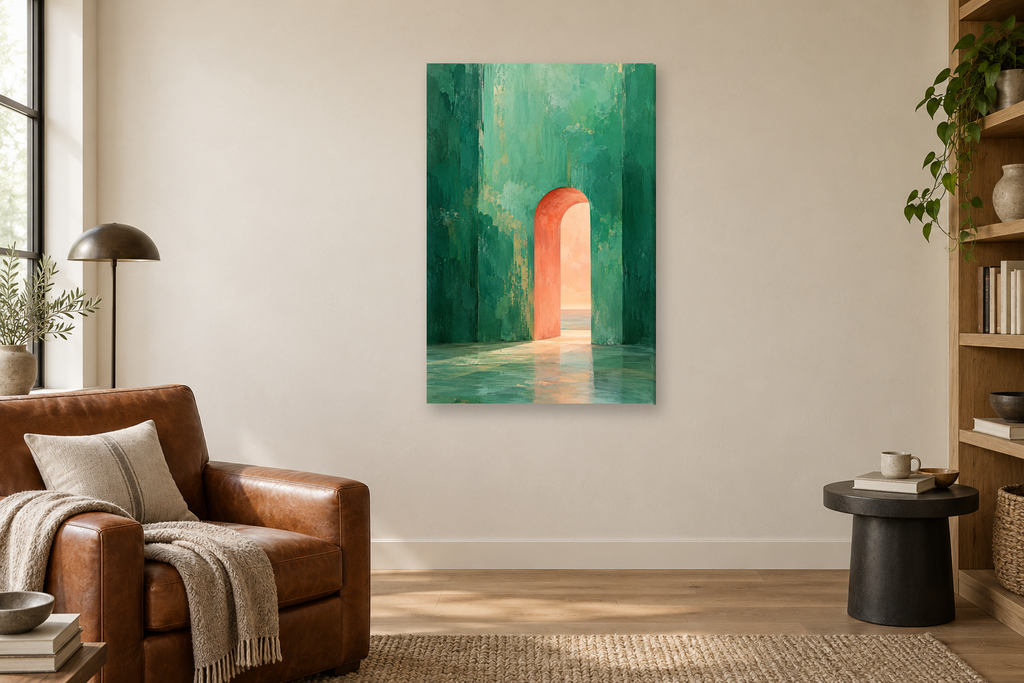 Jade Passage in a reading corner — interior mockup with the complete original artwork