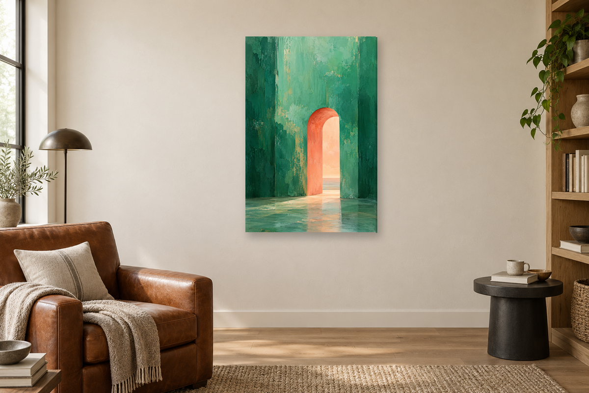 Jade Passage in a reading corner — interior mockup with the complete original artwork