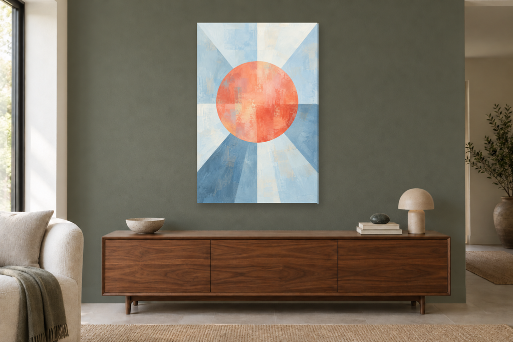 Coral Compass in a living room — interior mockup with the complete original artwork