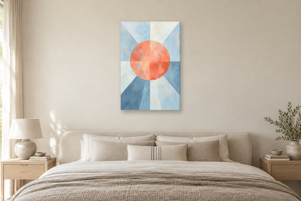 Coral Compass in a bedroom — interior mockup with the complete original artwork