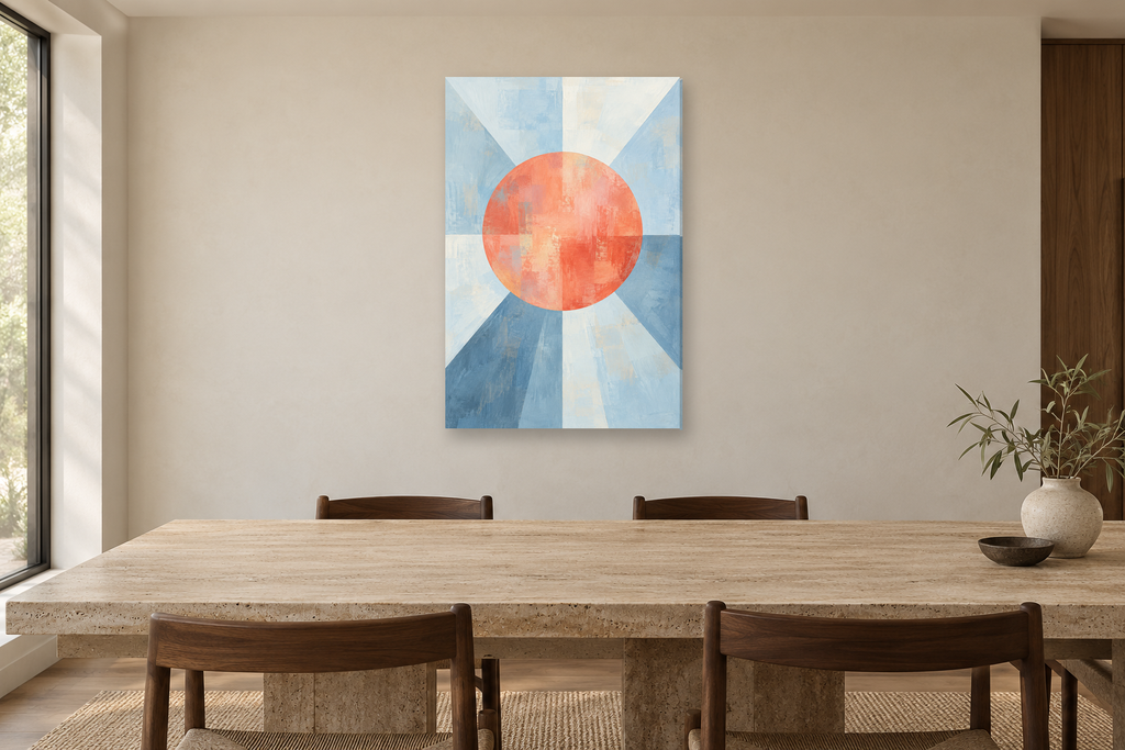 Coral Compass in a dining room — interior mockup with the complete original artwork