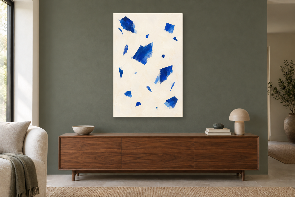 Blue Confetti in a living room — interior mockup with the complete original artwork