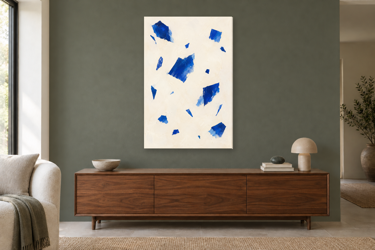Blue Confetti in a living room — interior mockup with the complete original artwork