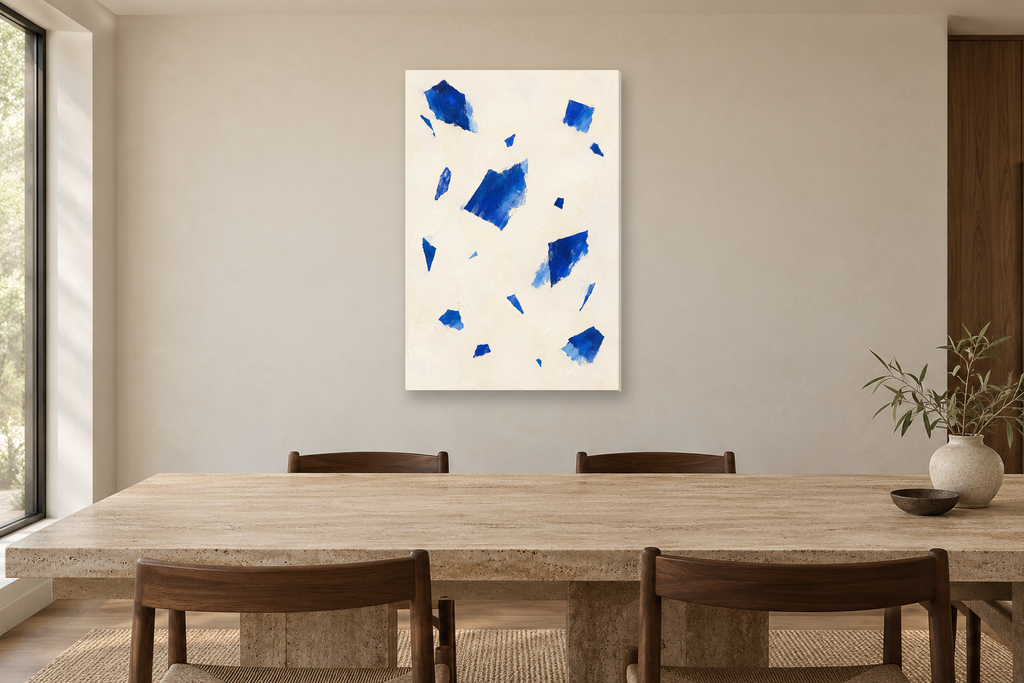 Blue Confetti in a dining room — interior mockup with the complete original artwork