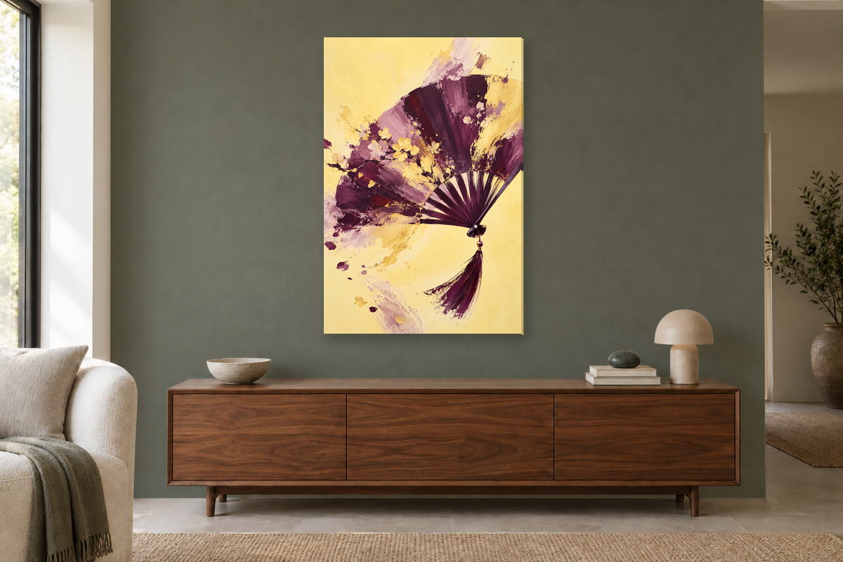 Plum Crescendo in a living room — interior mockup with the complete original artwork