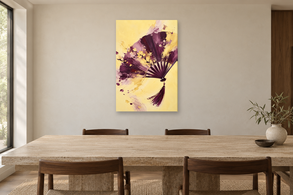 Plum Crescendo in a dining room — interior mockup with the complete original artwork