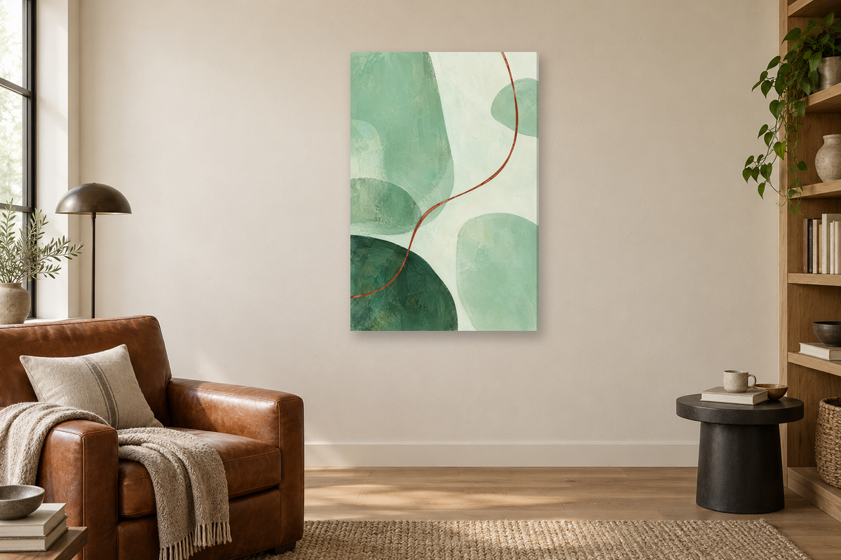 Mint Interval in a reading corner — interior mockup with the complete original artwork
