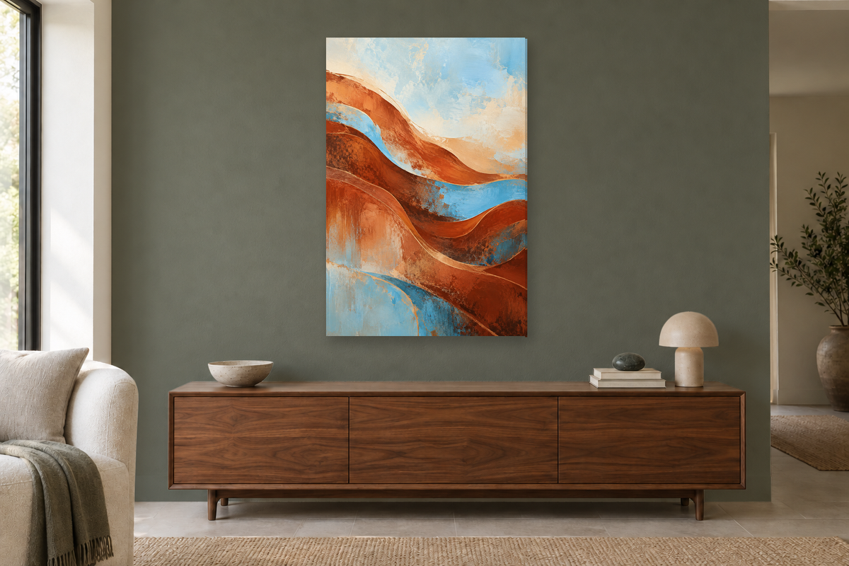 Terracotta Pulse in a living room — interior mockup with the complete original artwork