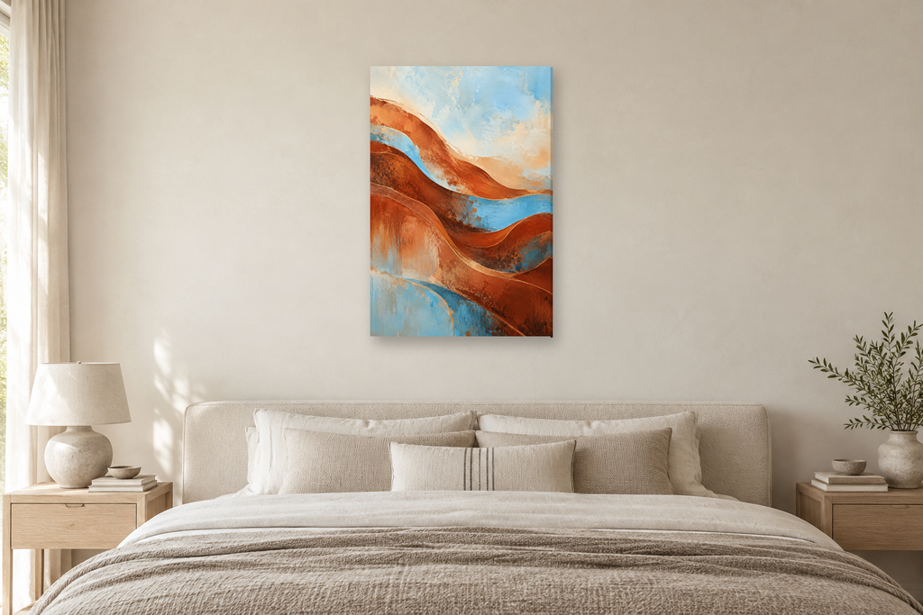 Terracotta Pulse in a bedroom — interior mockup with the complete original artwork