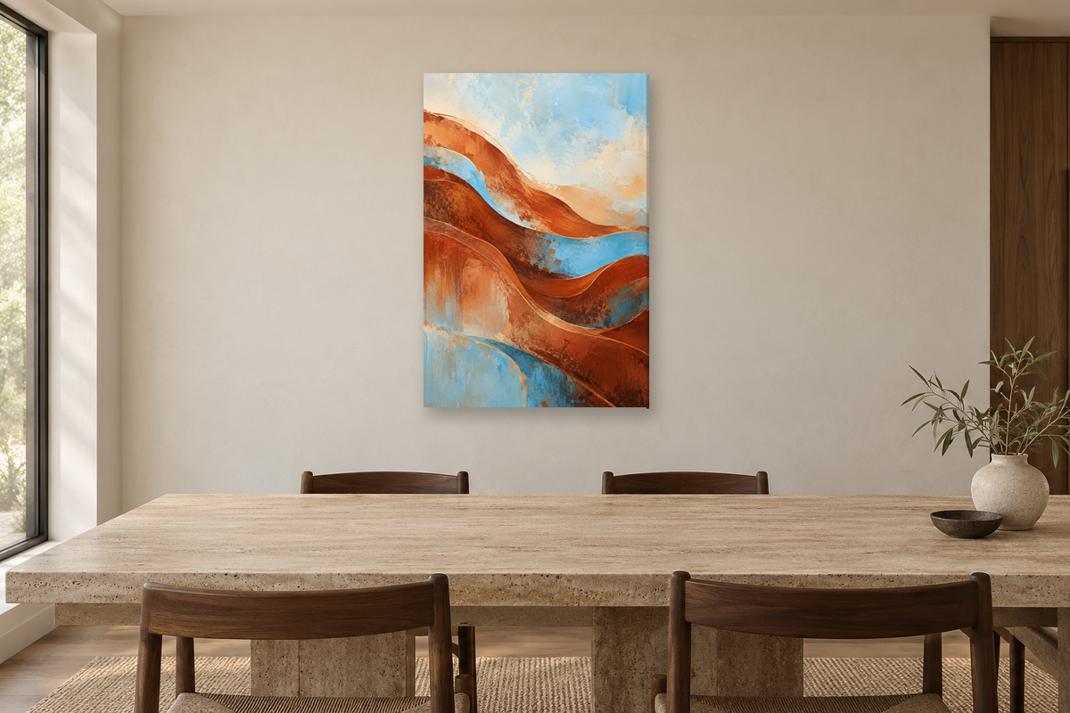 Terracotta Pulse in a dining room — interior mockup with the complete original artwork