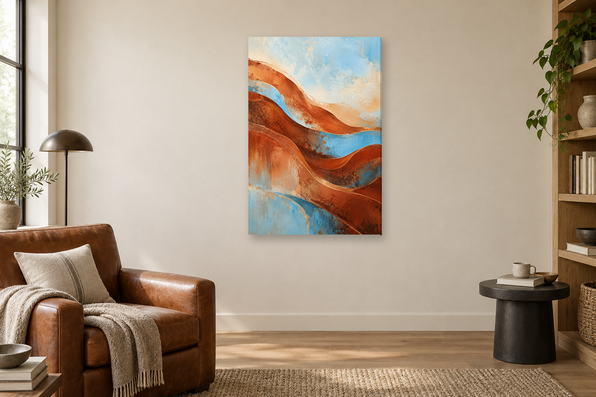Terracotta Pulse in a reading corner — interior mockup with the complete original artwork
