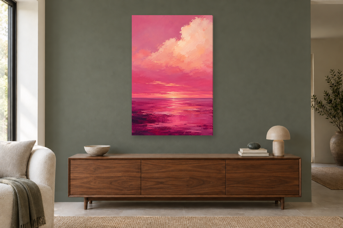 Pink Horizon in a living room — interior mockup with the complete original artwork