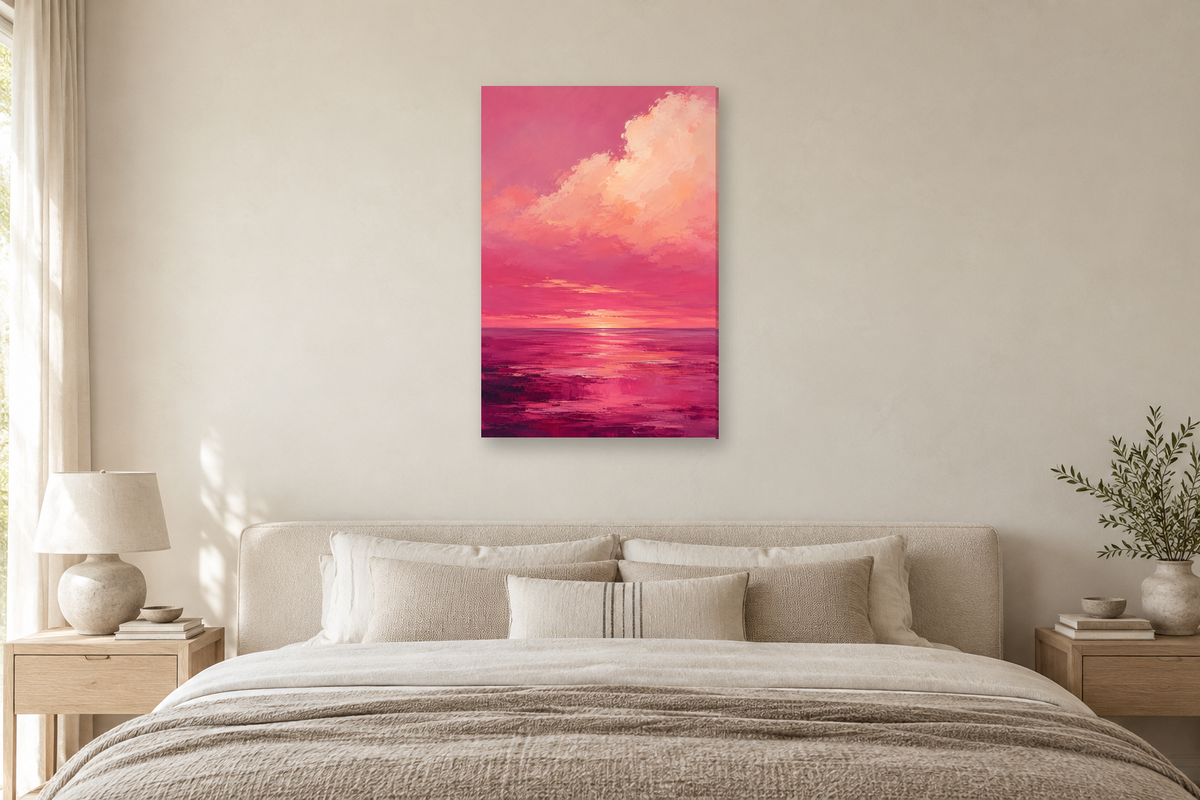 Pink Horizon in a bedroom — interior mockup with the complete original artwork