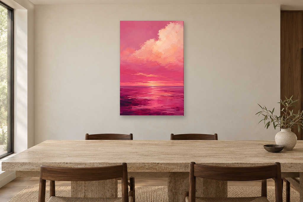 Pink Horizon in a dining room — interior mockup with the complete original artwork
