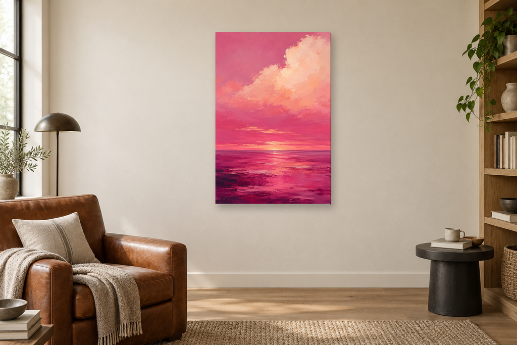 Pink Horizon in a reading corner — interior mockup with the complete original artwork