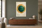 Ochre Orbit in a living room — interior mockup with the complete original artwork
