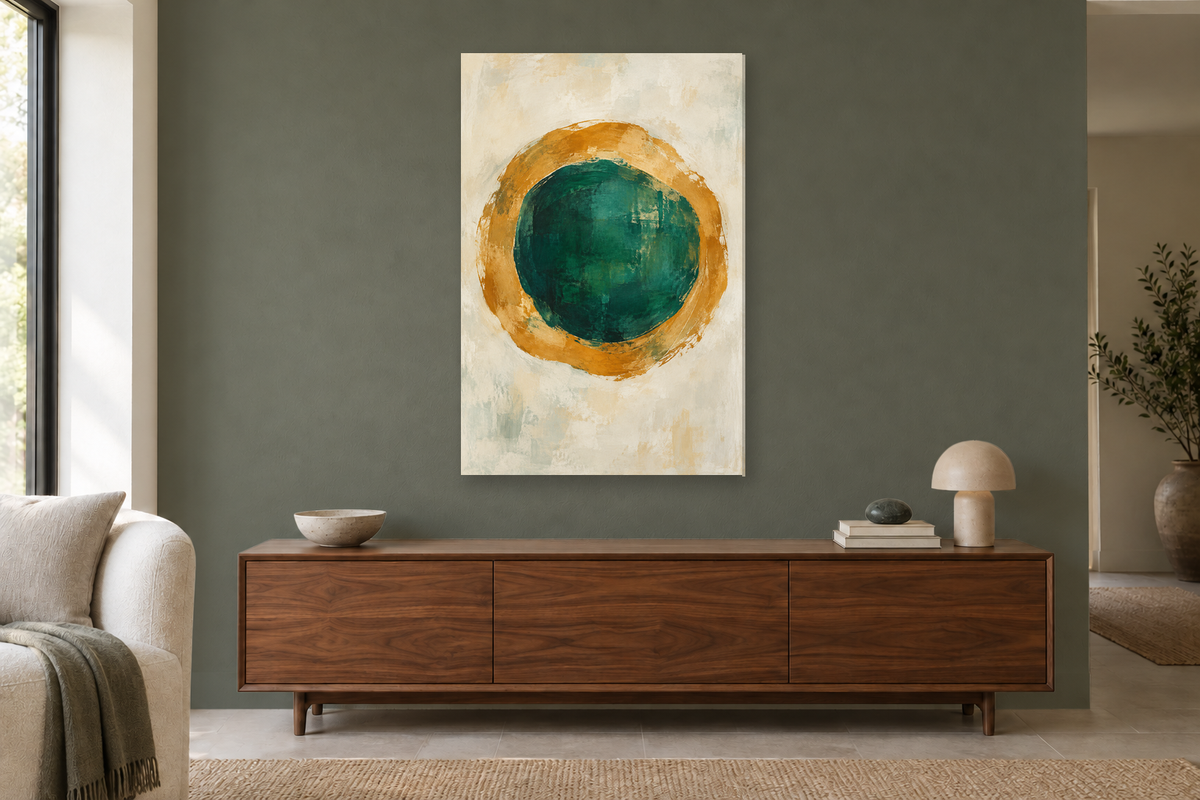 Ochre Orbit in a living room — interior mockup with the complete original artwork