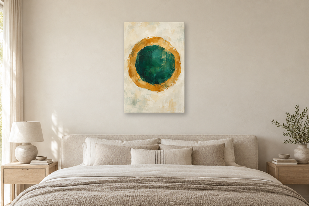 Ochre Orbit in a bedroom — interior mockup with the complete original artwork