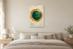 Ochre Orbit in a bedroom — interior mockup with the complete original artwork