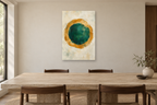 Ochre Orbit in a dining room — interior mockup with the complete original artwork