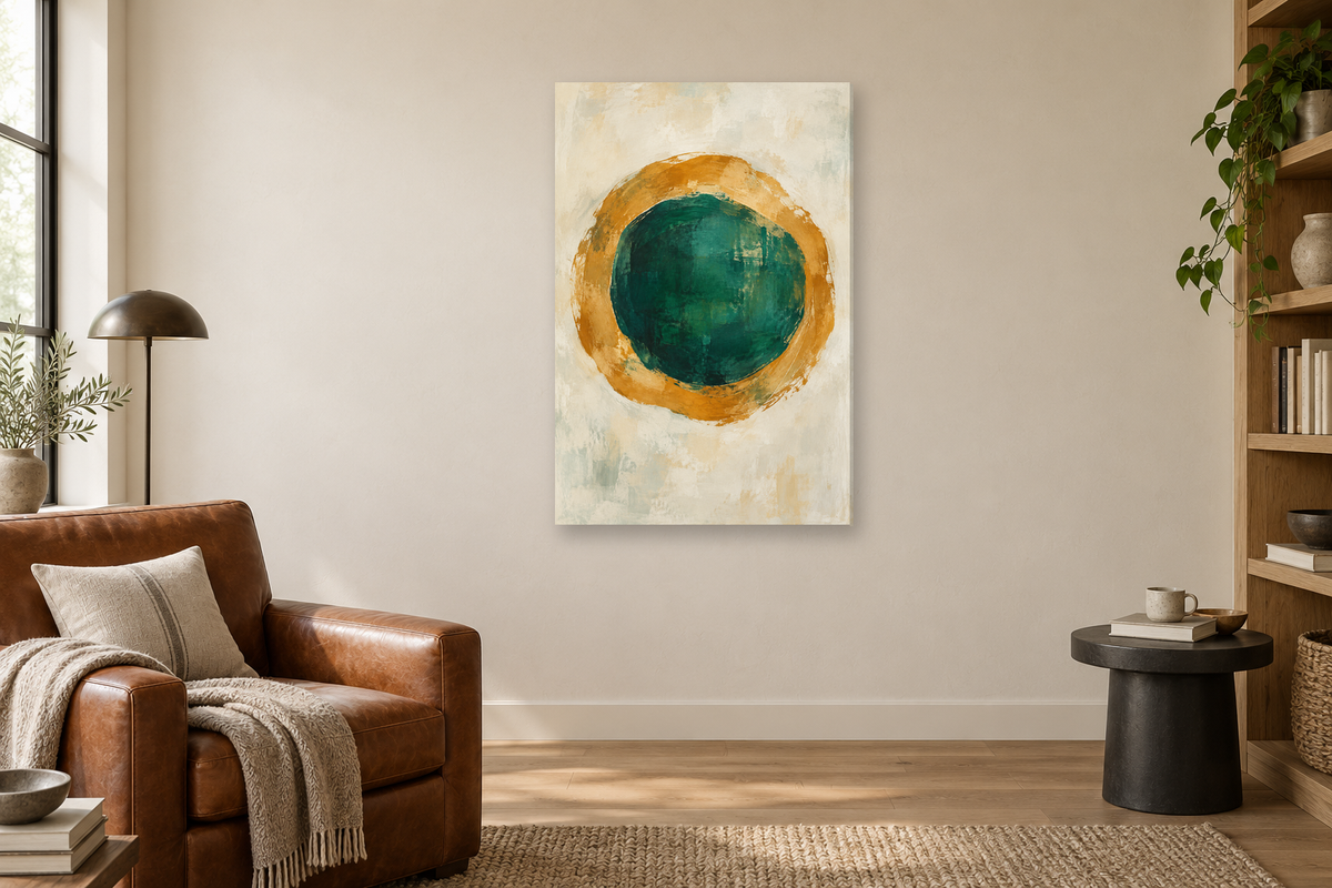Ochre Orbit in a reading corner — interior mockup with the complete original artwork