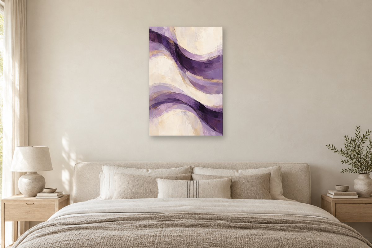Violet Tempo in a bedroom — interior mockup with the complete original artwork