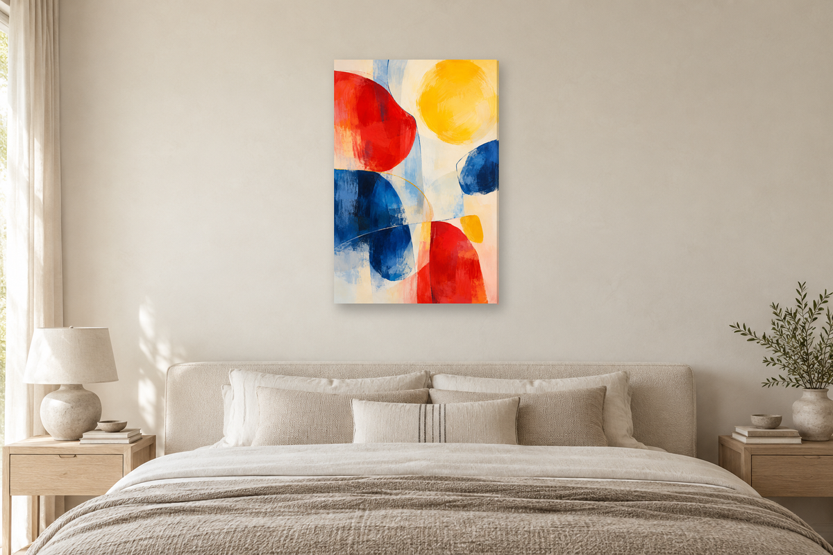 Sunday Colours in a bedroom — interior mockup with the complete original artwork