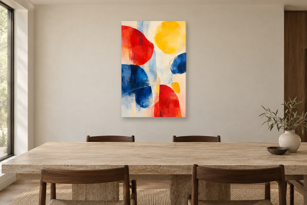 Sunday Colours in a dining room — interior mockup with the complete original artwork