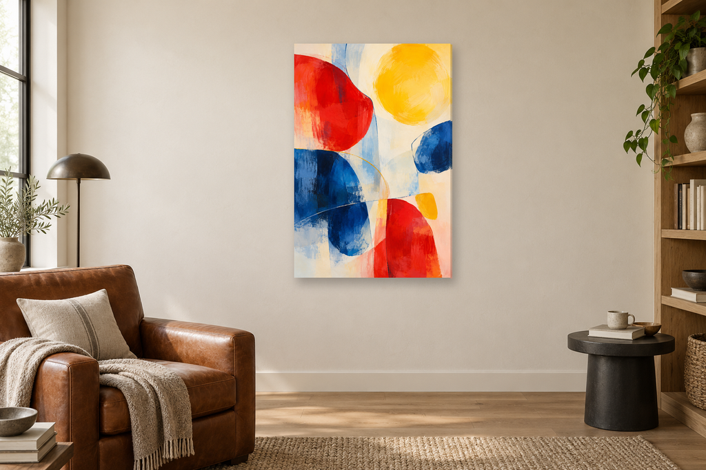 Sunday Colours in a reading corner — interior mockup with the complete original artwork