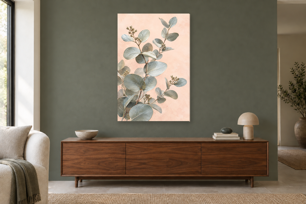 Silver Eucalyptus in a living room — interior mockup with the complete original artwork