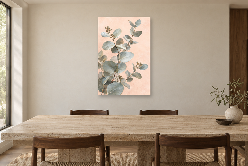 Silver Eucalyptus in a dining room — interior mockup with the complete original artwork