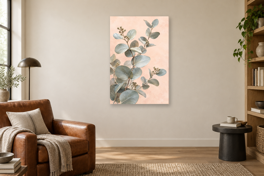 Silver Eucalyptus in a reading corner — interior mockup with the complete original artwork
