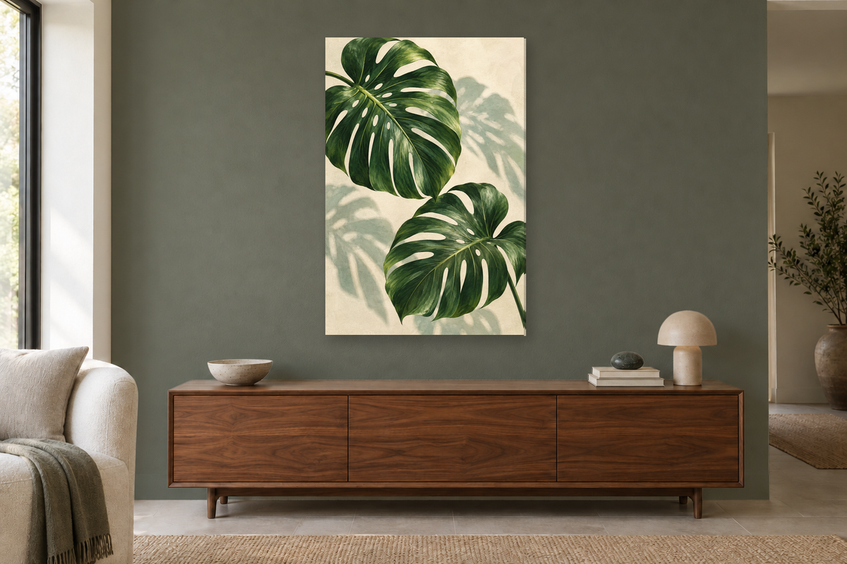 Monstera Morning in a living room — interior mockup with the complete original artwork