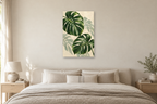 Monstera Morning in a bedroom — interior mockup with the complete original artwork