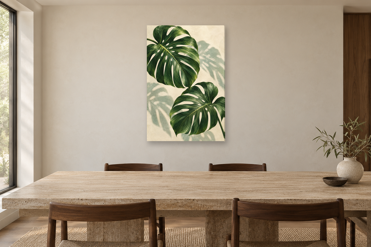 Monstera Morning in a dining room — interior mockup with the complete original artwork