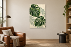 Monstera Morning in a reading corner — interior mockup with the complete original artwork