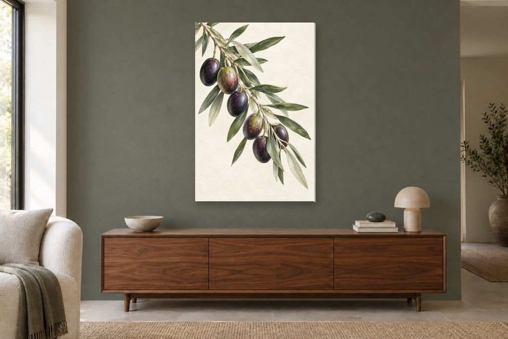 Olive Orchard in a living room — interior mockup with the complete original artwork