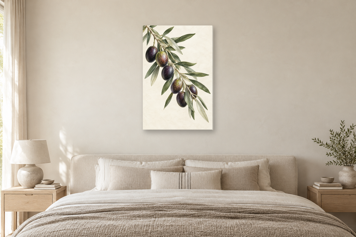 Olive Orchard in a bedroom — interior mockup with the complete original artwork