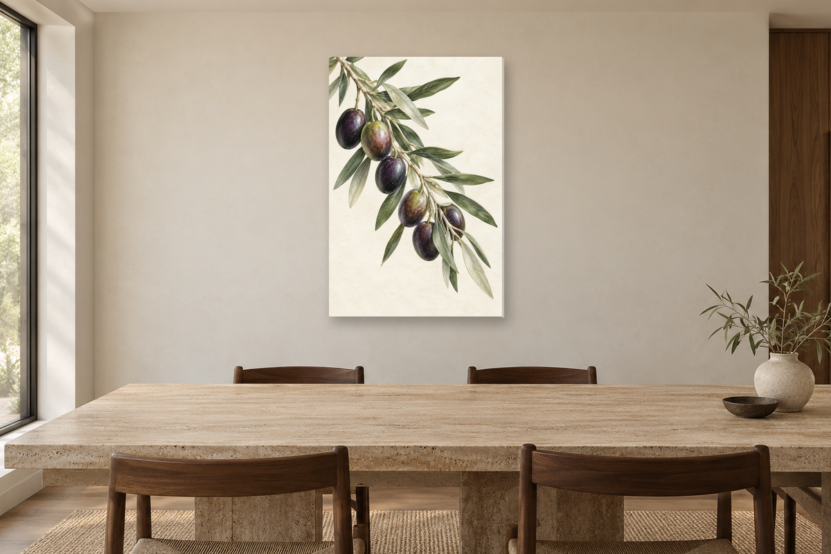 Olive Orchard in a dining room — interior mockup with the complete original artwork
