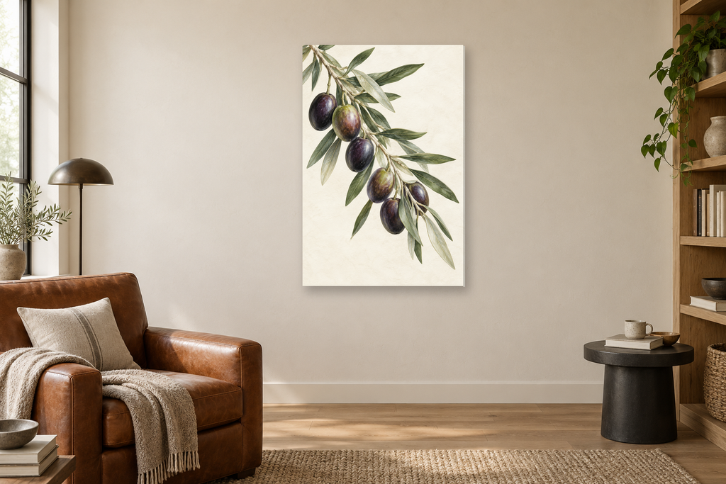 Olive Orchard in a reading corner — interior mockup with the complete original artwork