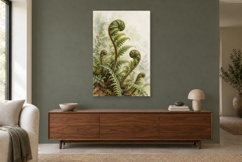 Wild Fern in a living room — interior mockup with the complete original artwork