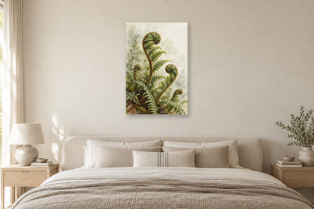 Wild Fern in a bedroom — interior mockup with the complete original artwork