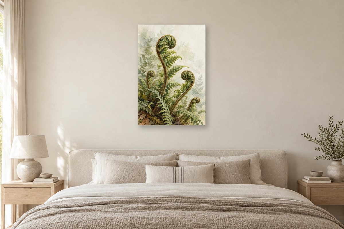 Wild Fern in a bedroom — interior mockup with the complete original artwork